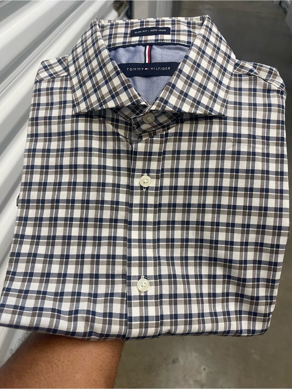 NWT Tommy Hilfiger Brown, Navy, White and Tan Plaid Dress Shirt Sz 15.5 - 34/35